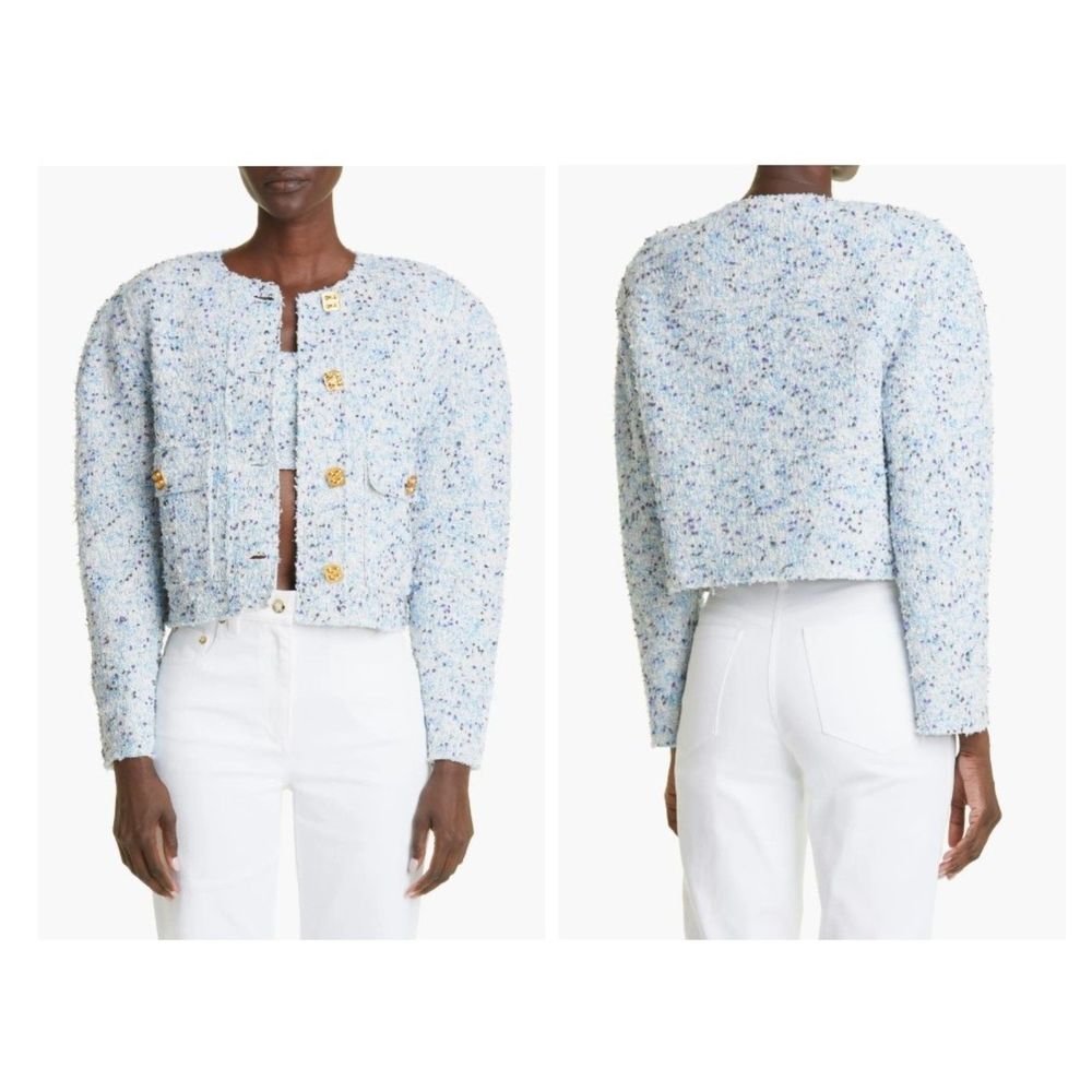 St John Women's Blue Bouclé Tweed Knit Crop Jacket Size 10 $1895+